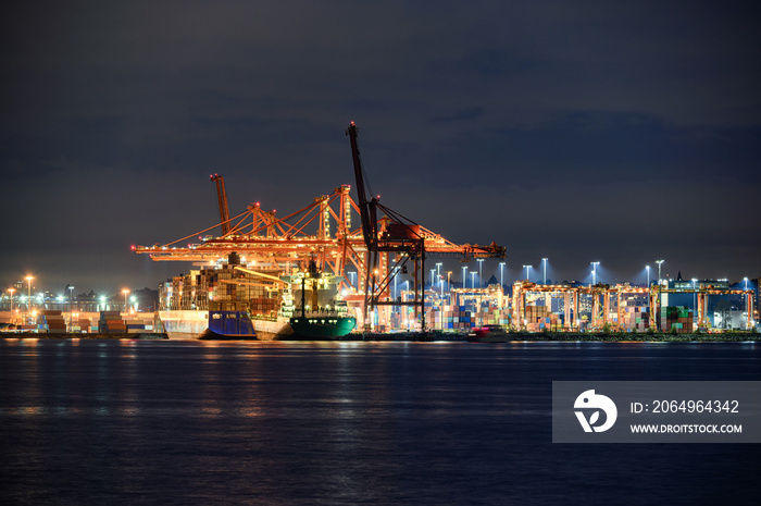 International cargo ship with containers cargo illumination and gantry cranes at port