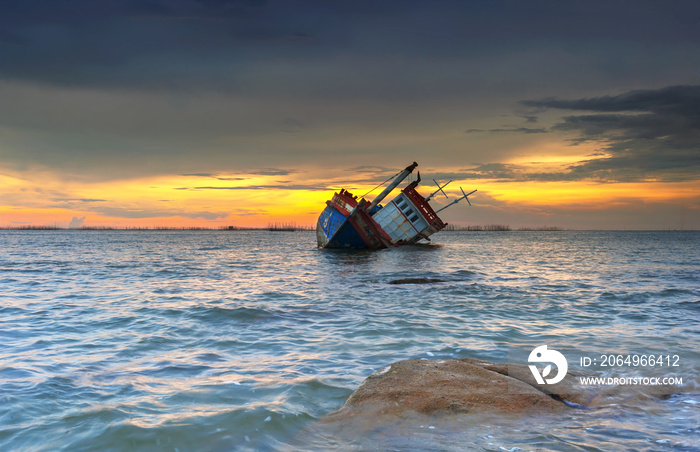 ship wrecked at sunset in Chonburi ,Thailand