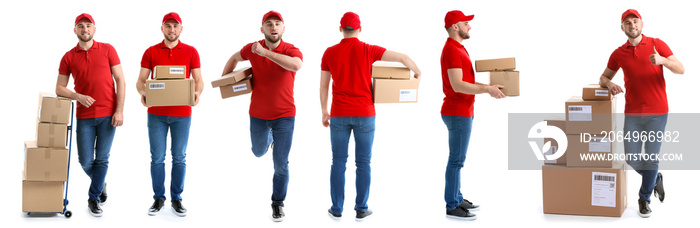 Handsome delivery man with boxes on white background