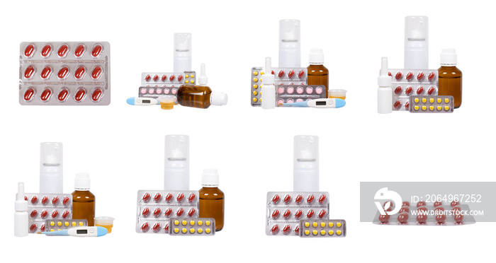 Medical pills in blister, medicament tablet, set and collection.