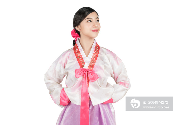 身穿韩服的年轻魅力韩国女性肖像，韩服是韩国传统服饰，微笑着带着whi