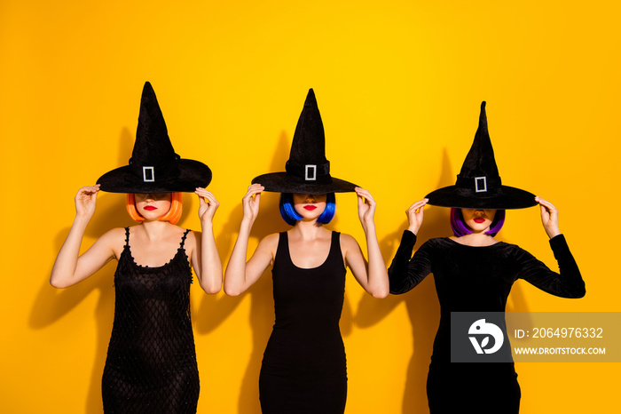 Photo of three thrilling disguise haunted devil evil macabre charmed ladies hiding their faces do no