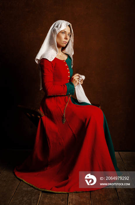 Portrait of a beautiful girl in a medieval dress in red and green on a brown background.