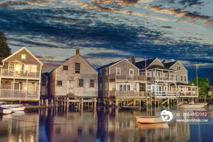 Sunset over beautiful homes of Nantucket, Massachusetts