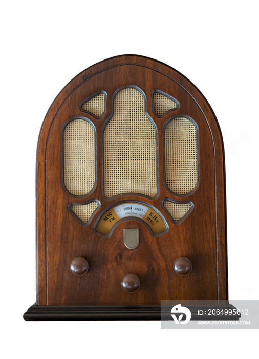antique wooden radio isolated on white background. Vintage object that recalls the technology of pas