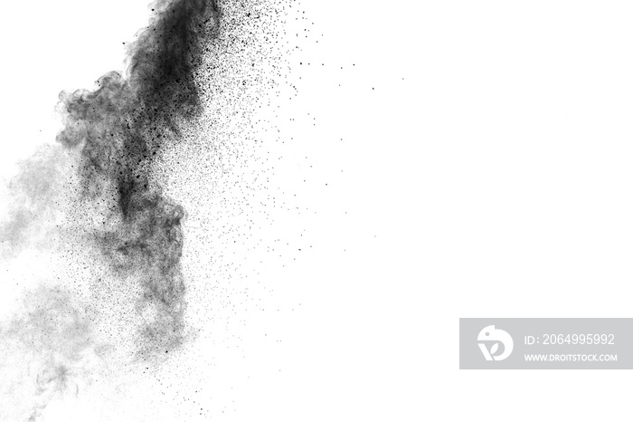 particles of black dust on white background,abstract powder splatted on white background