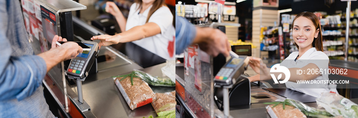 Collage of man paying with smartphone near smiling cashier and food on supermarket checkout, banner