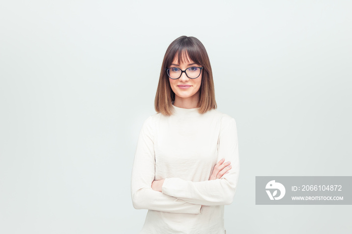 Portrait of beautiful woman in eyeglasses in office company