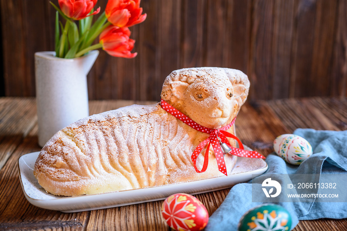 Classic Easter lamb pound cake sprinkled with powdered sugar