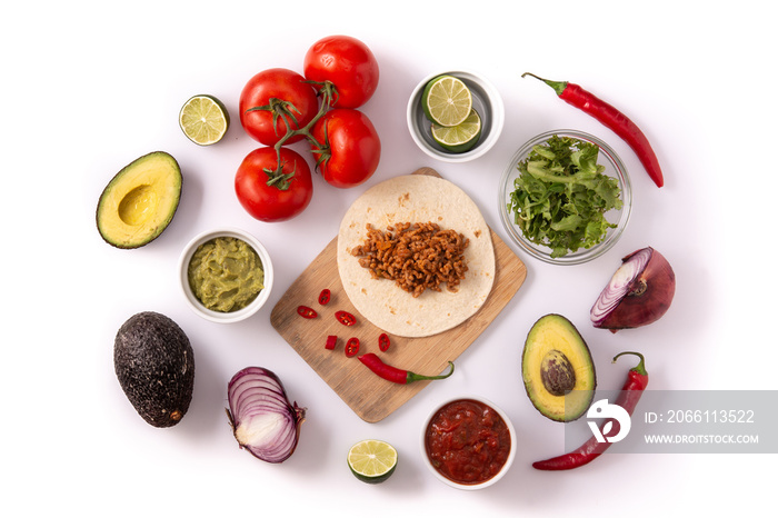 Mexican tacos ingredients isolated on white background.