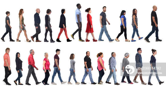 large group of mixed people walking on white background,