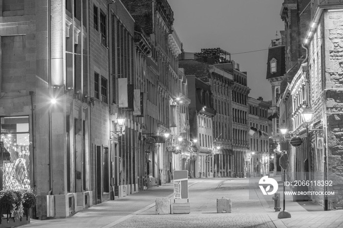 Old town Montreal at famous Cobbled streets at twilight