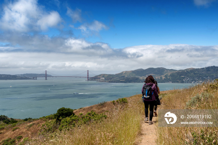 Hikers on trail to Mt. Livermore on Angel Island in San Francisco Bay