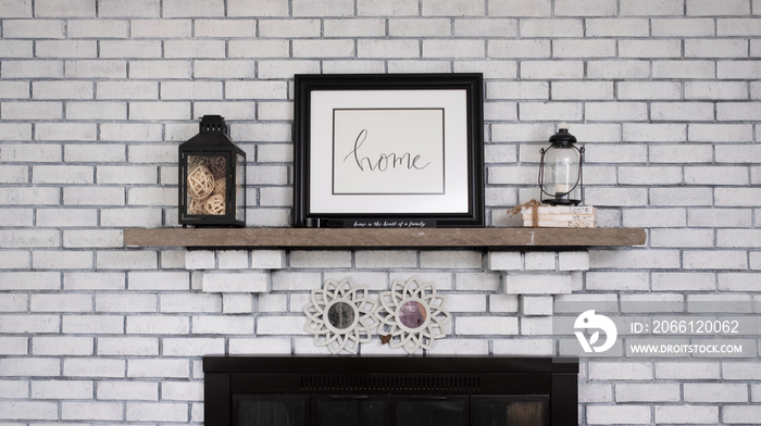 Fireplace mantel in an American Home living room decorated for autumn