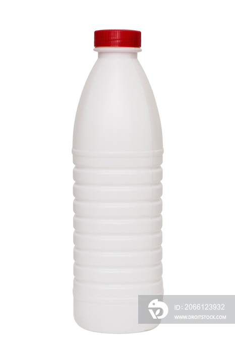 Milk plastic bottle on white background. White glossy plastic bottle with screw cap for dairy produc