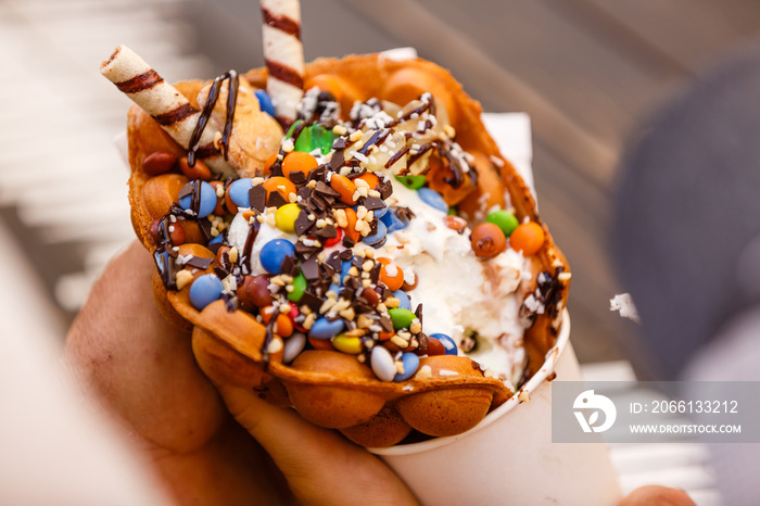 vanilla ice cream bubble waffle with candy