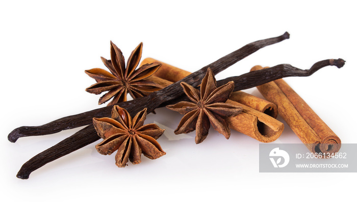 Assorted spices on white background