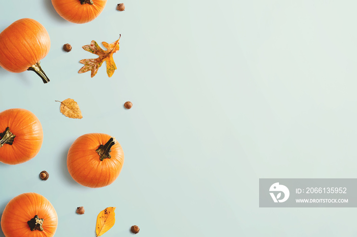 Autumn pumpkins with leaves - overhead view flat lay