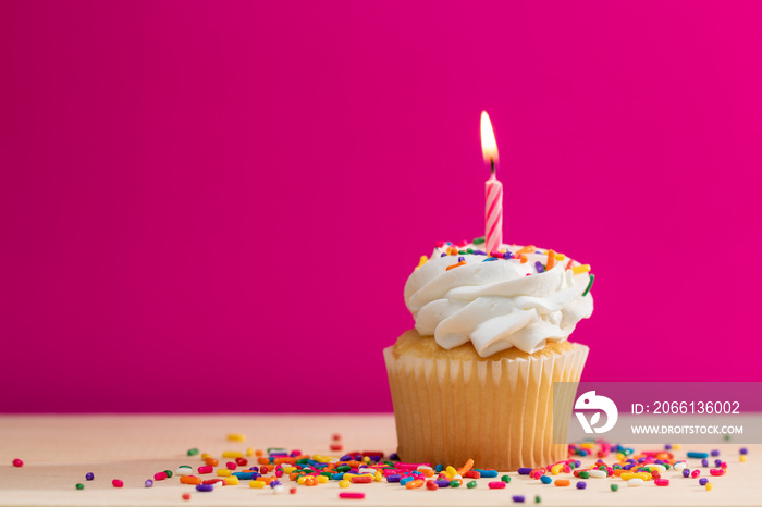 Yellow Cupcake with candle and sprinkles on a pink background, with room for text