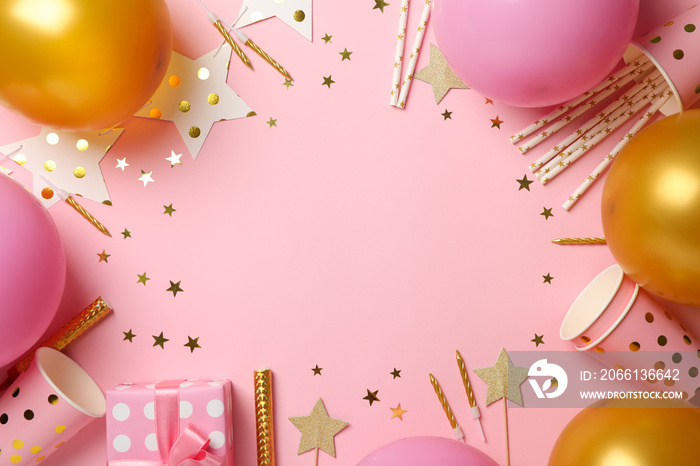 粉色背景上带有不同生日配饰的作文，留有文字空间