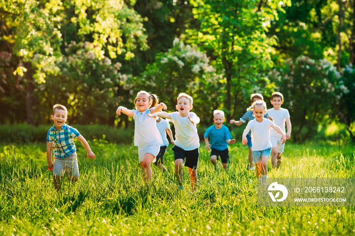 A group of happy children of boys and girls run in the Park on the grass on a Sunny summer day.