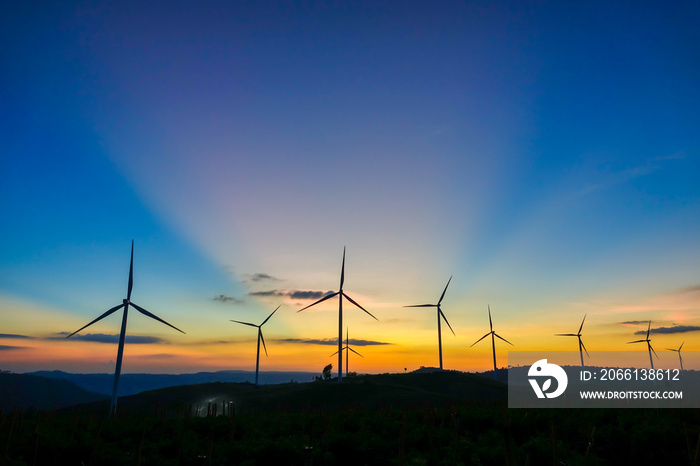 Wind turbine farm from clean energy. Wind power for electricity.