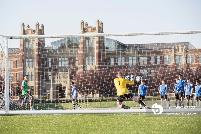 View from behind of soccer team practicing with coach.