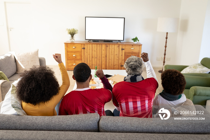 Rear view of Multi generation family cheering while watching sports on TV at home