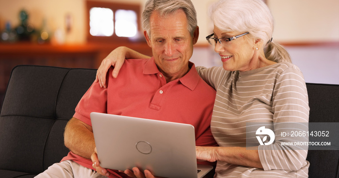 Closeup of senior couple using laptop at home