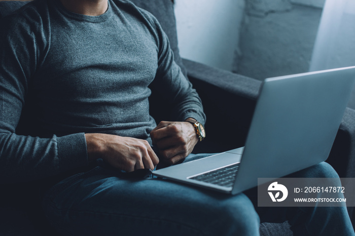 Cropped view of man unbuttoning jeans while watching pornography on laptop on sofa