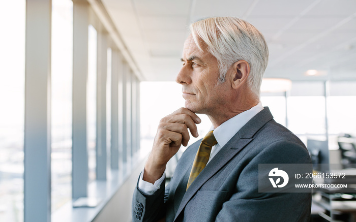 Thoughtful senior businessman standing by window