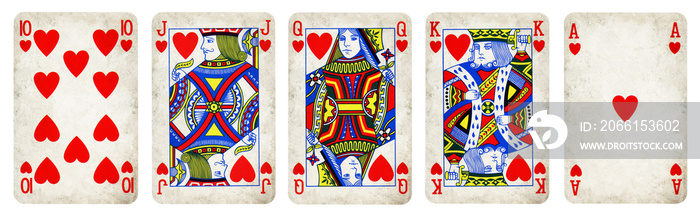 红心大战套装复古扑克牌，套装包括王牌、国王、王后、杰克和十张——白色孤立。