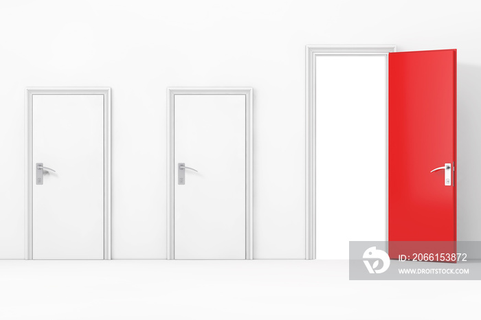 Three Business Office Doors, with One Big, Main, Opened and Red in Front of Wall. 3d Rendering