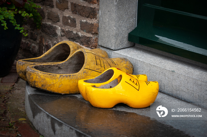 Two pairs of wooden shoes - klompen or clogs. Traditional dutch footwear