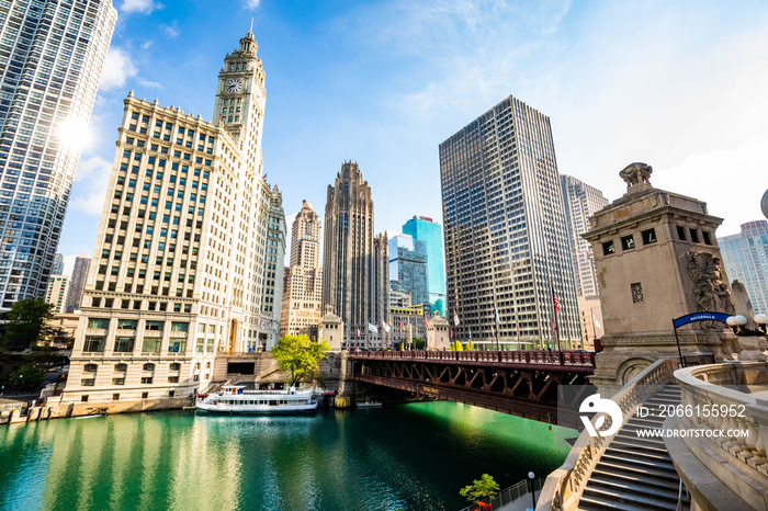 Beautiful View of Chicago river buildings modern architecture