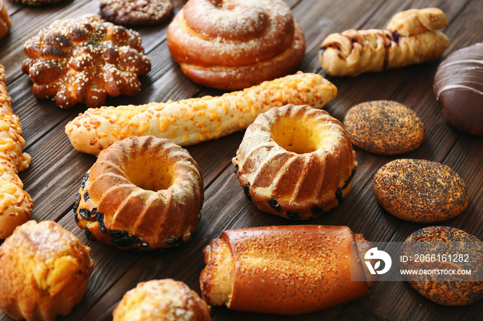 Bakery products on wooden table