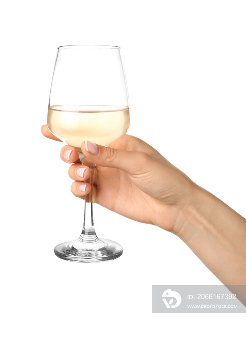 Hand with glass of wine on white background