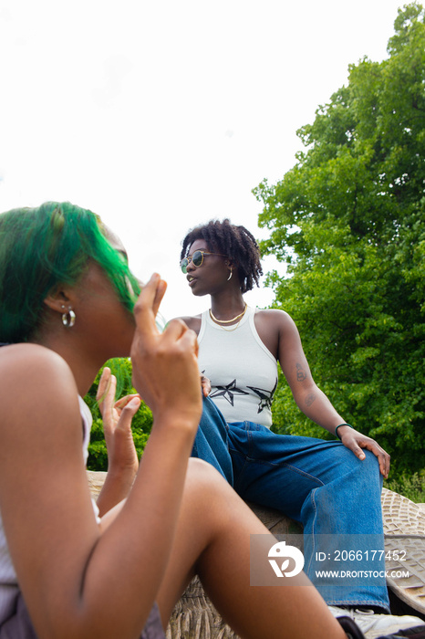 Two friends talking and sitting in the park.