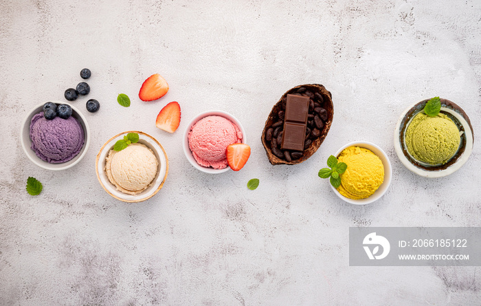 Various of ice cream  flavours in bowl blueberry ,green tea ,coconut ,strawberry and chocolate  setu