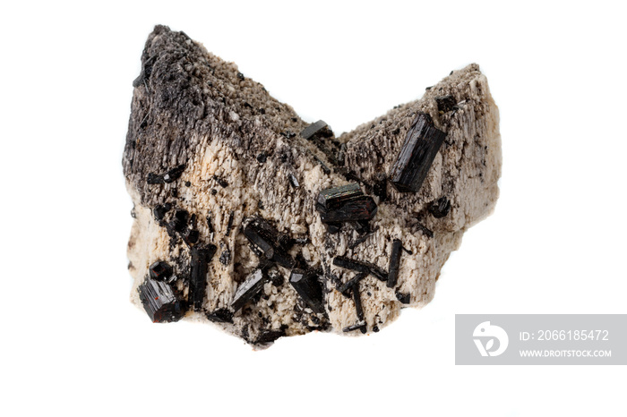 Macro mineral stone Schorl, Black Tourmaline on the feldspar on a white background