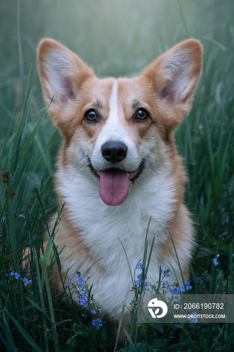 坐在绿草草地上的狗。可爱的威尔士柯基犬。犬类夏季肖像。