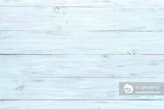 Light blue wooden background, empty backdrop, horizontal direction of boards, copy space