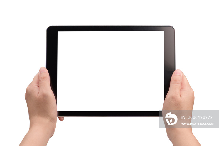 hand holding digital tablet with white screen on white background