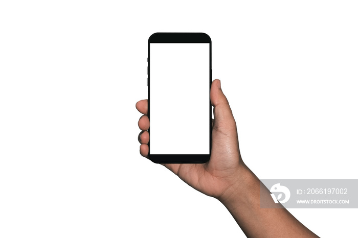 Businessman hand holding black smartphone isolated on white background, white clipping path inside.