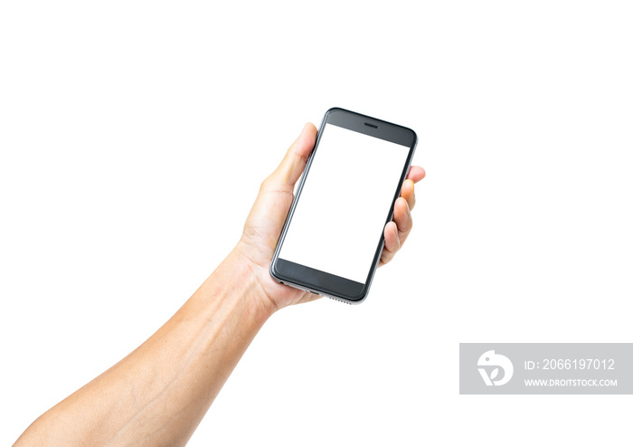 Man hand holding black smartphone isolated on white background, clipping path