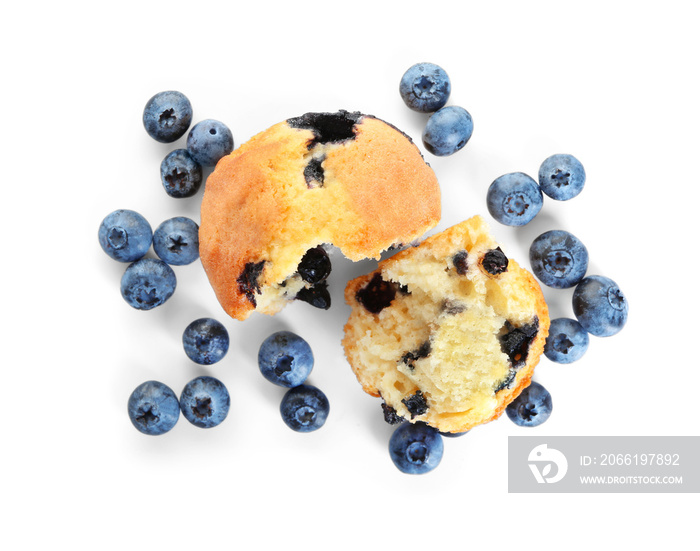 Tasty blueberry muffin on white background