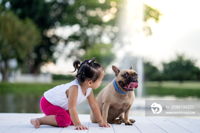 Young Asian girl sitting with dog at park.