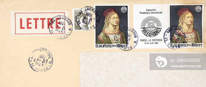 vintage retro gestempelt used briefmarken stamps alt old post letter mail brief France Frankreich Albrech Dürer Porträt Gesicht Mann Lettre Paris