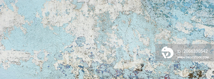 very old and dirty light blue paint texture peeling off the concrete wall for banner background