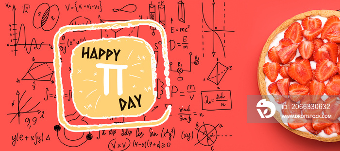 Banner for International Pi Day with strawberry pie on red background